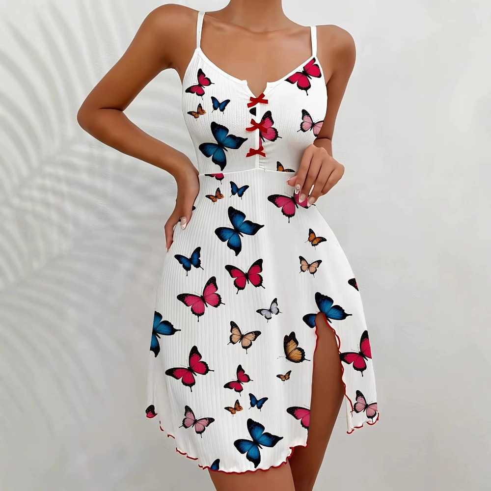 ZARA Spaghetti Strap Sleep Dress Colorful Butterfly Print Slit Sexy Loungewear
